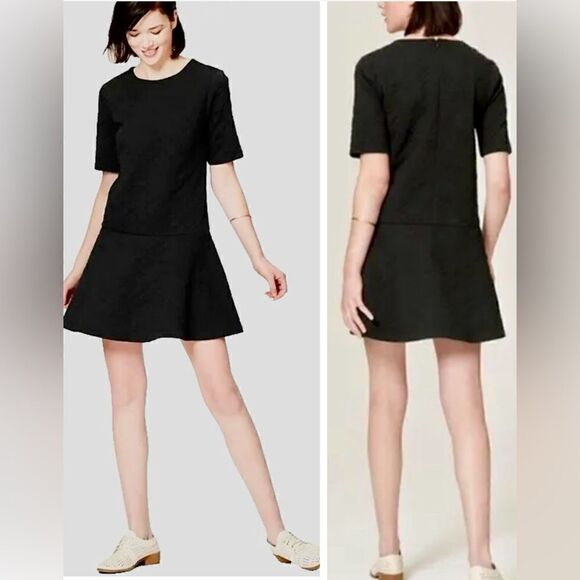 LOFT BLACK QUILTED DROP WAIST SKATER SHIRT DRESS SIZE S - Picture 1 of 5